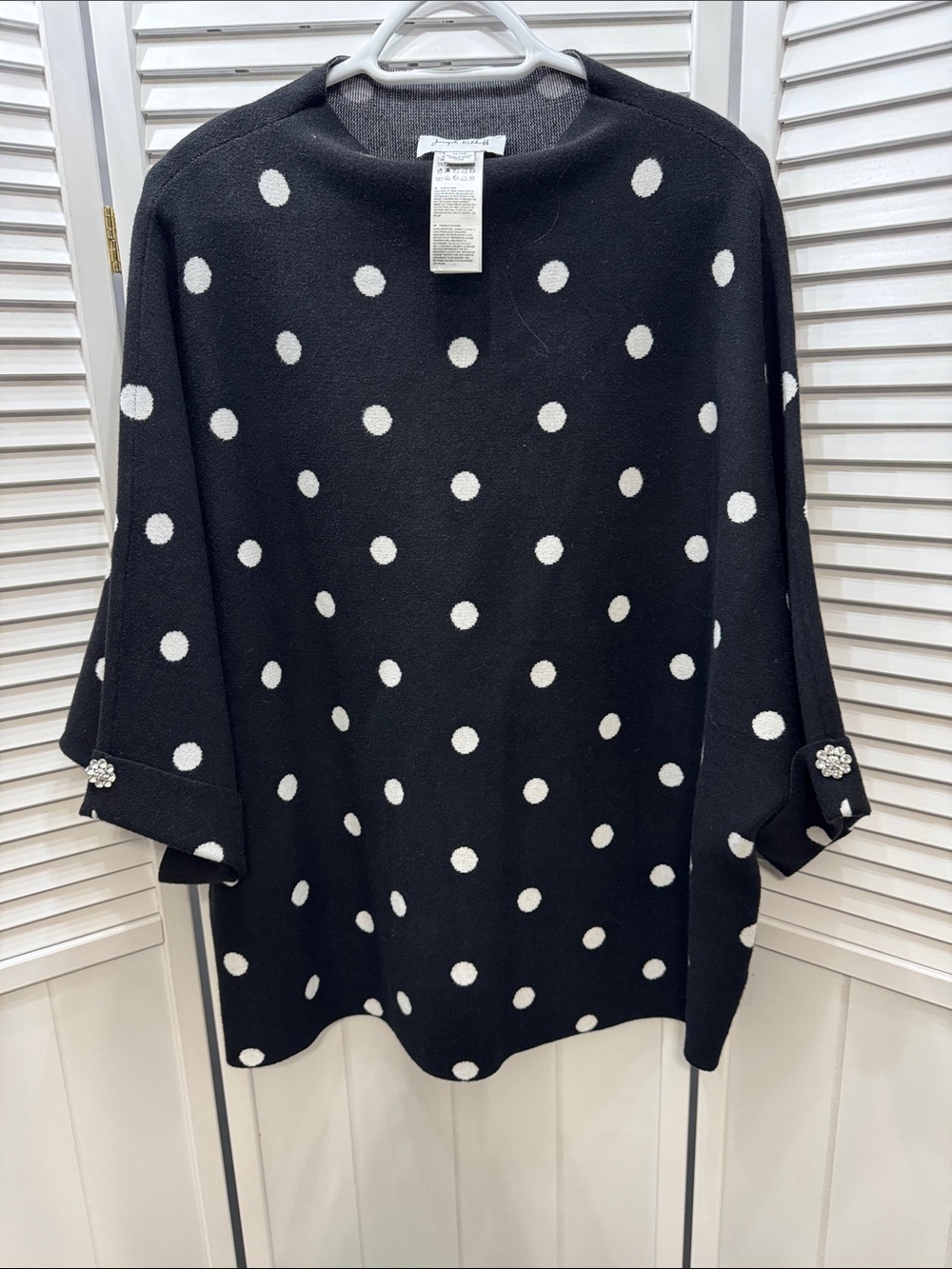 Joseph Ribkoff Black Sweater with White Polka Dots and Embellished Cuffs
